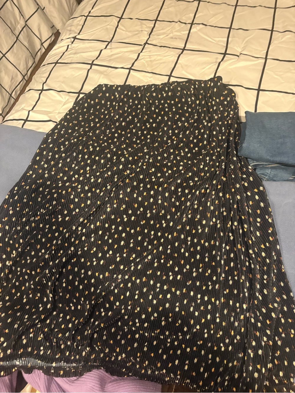 Black Pleated Midi Skirt with Tiny Yellow Floral Print
